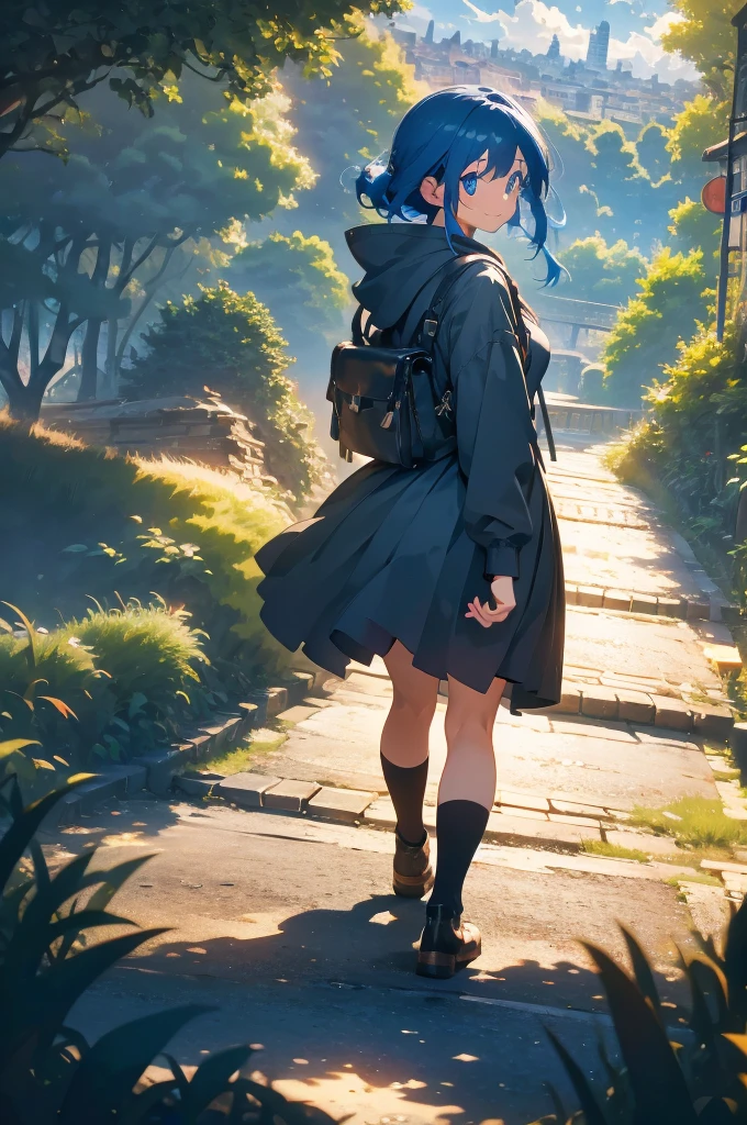 1girl, An anime-style character, female, standing on a ledge overlooking a city in a state of disrepair. The character has cat ears and is dressed in a , featuring a brown jacket and a pleated skirt. She carries a satchel over her shoulder.
The city below appears to be abandoned, with broken and overgrown structures. The warm, golden light of the setting sun casts long shadows and bathes the scene in a soft glow, creating a beautiful yet poignant contrast with the surrounding decay. The sky is partly cloudy with a few scattered leaves or debris caught in the breeze, adding to the sense of desolation and quiet.
The overall composition evokes a sense of solitude and contemplation, as the character gazes at the distant horizon, suggesting themes of resilience, hope, or a journey.