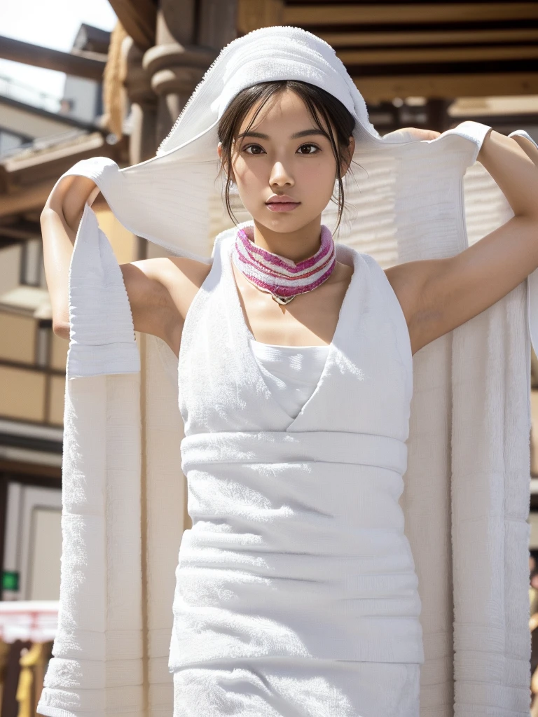 (Tabletop,supreme beauty,masterpiece,Dynamic Angle,Depth of written boundary,135mm,Super detailed,high quality,Awards,最high quality,High resolution,8K,Beauty,Idol,Realistic,Photorealistic,Correct skeleton,Biologically correct),(Put a towel around your neck:1.5), (White loincloth:1.2),(At the festival of Japan),Cleavage