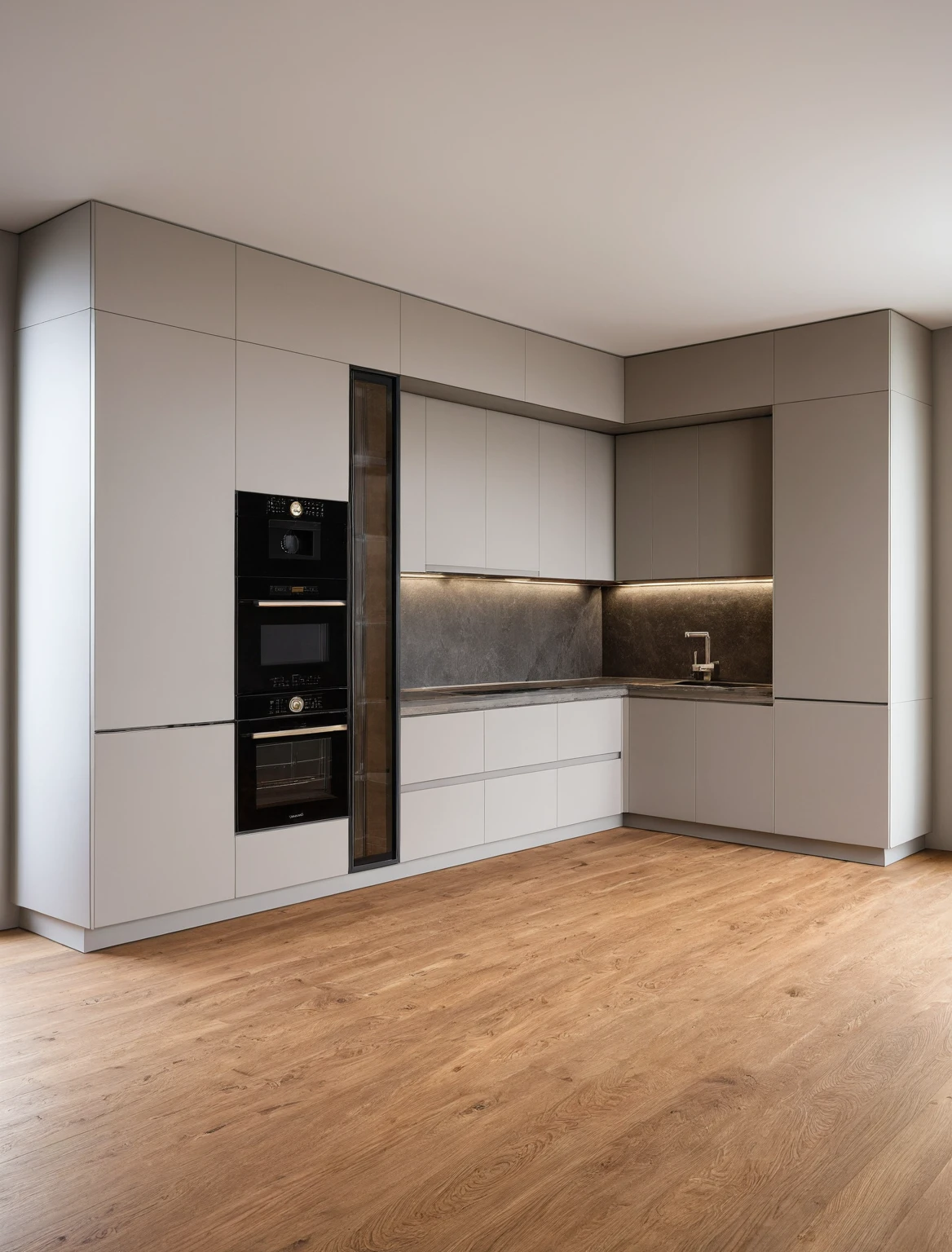 Raw photo,Masterpiece, high quality, best quality, authentic, super detail, interior , sunset, daylight, Kitchen Cabinets, Induction cooker, sink, faucet, oven, built-in microwave, wooden floor, hood, wine cabinet