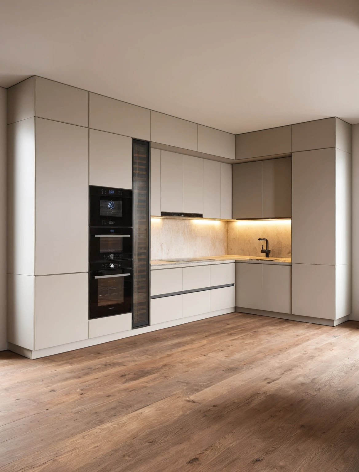 Raw photo,Masterpiece, high quality, best quality, authentic, super detail, interior , sunset, daylight, Kitchen Cabinets, Induction cooker, sink, faucet, oven, built-in microwave, wooden floor, hood, wine cabinet