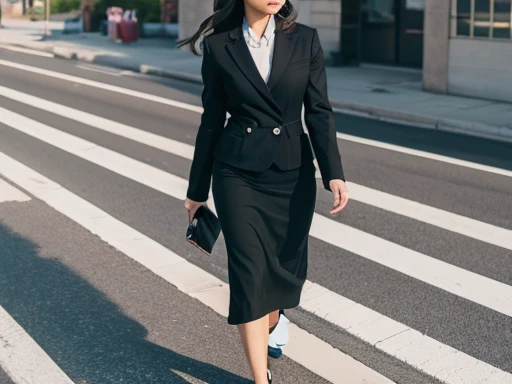 Office lady walking on the sidewalk as a missile falls nearby and her body bursts into flames