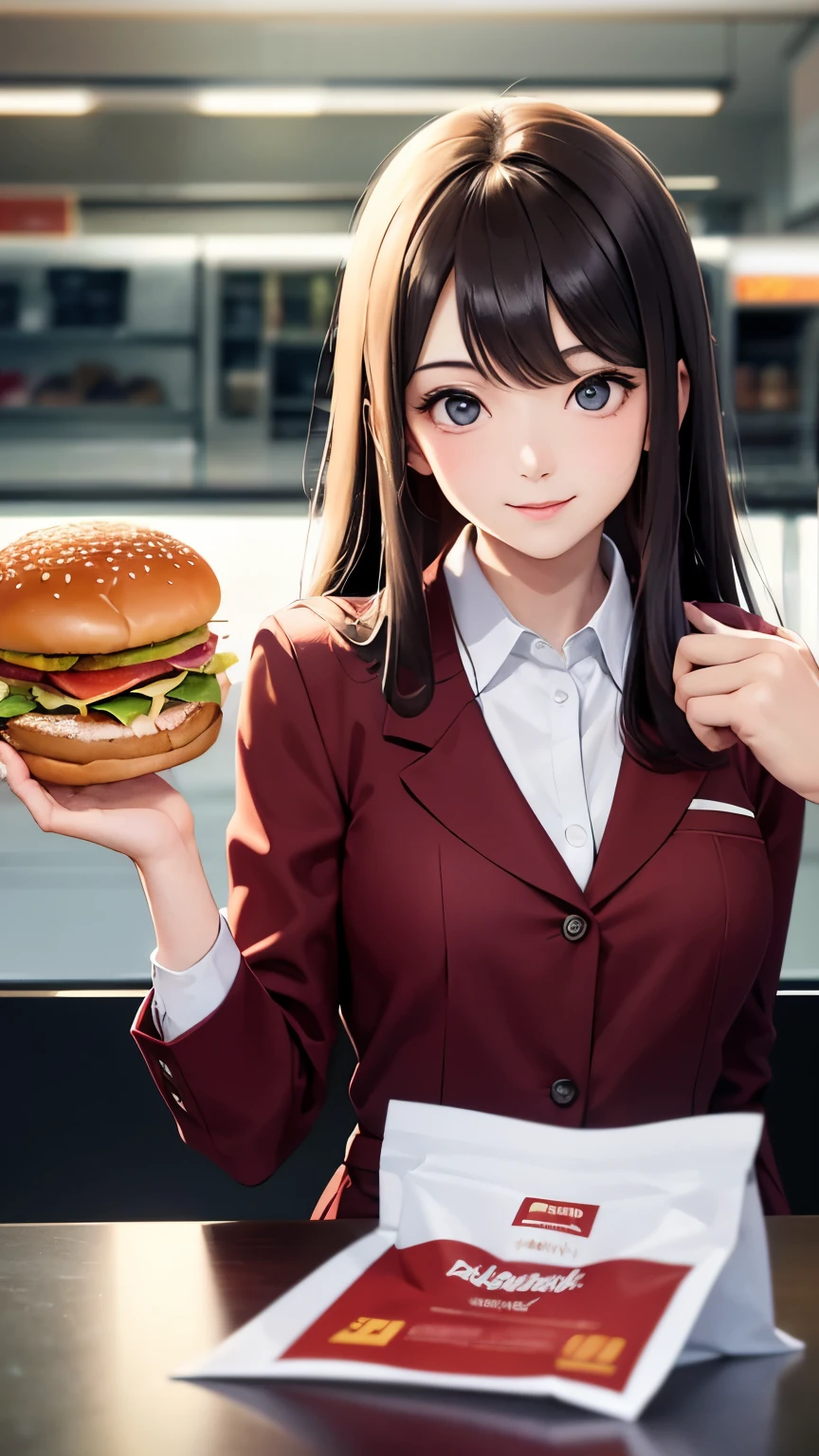 Highest quality, Super quality, 16K, Incredibly absurd, Very detailed, delicate and dynamic, SFW, Natural light, Small particles reflect light, Diffuse reflection of light, Vortex of Light, In-store pop, , Fast food restaurants, McDonald, hamburger, Sparkling, Create amazing image effects, cash register, Full body close-up, (cute sexy girl, firm busts, sexy long legs, hamburgerショップの店員, Sensual expression, fine, Active, smile, cash registerで接客, paper bag, , , black long hair, hamburgerショップのUniform, Store clerk uniform, hamburgerショップ店員の帽子をかぶる,  )