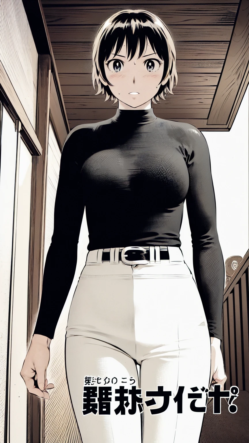 (野球uniform:1.2),
blonde, (short hair:1.2),Long sleeve, Black Shirt, turtleneck,White trousers、uniform、Black belt、((Illustration of a person))、big 、Muddy、Soil stains、ドロドロのuniform、
View your audience,, (Highest quality:1.3),One Girl, White pants、uniform、Outdoor、baseball ground、ground、soil、blue eyes、Tight black shirt、(masterpiece、Highest quality)、Highest quality, Ultra-high resolution, (((masterpiece))), alone, Sweat、big eyes、big Breasts、Torn clothes、 Fully exposed、Nipples、One Girl, Front view、Embarrassed face、Bronze colored hair、((short hair))、Stand up straight、Cowboy Shot