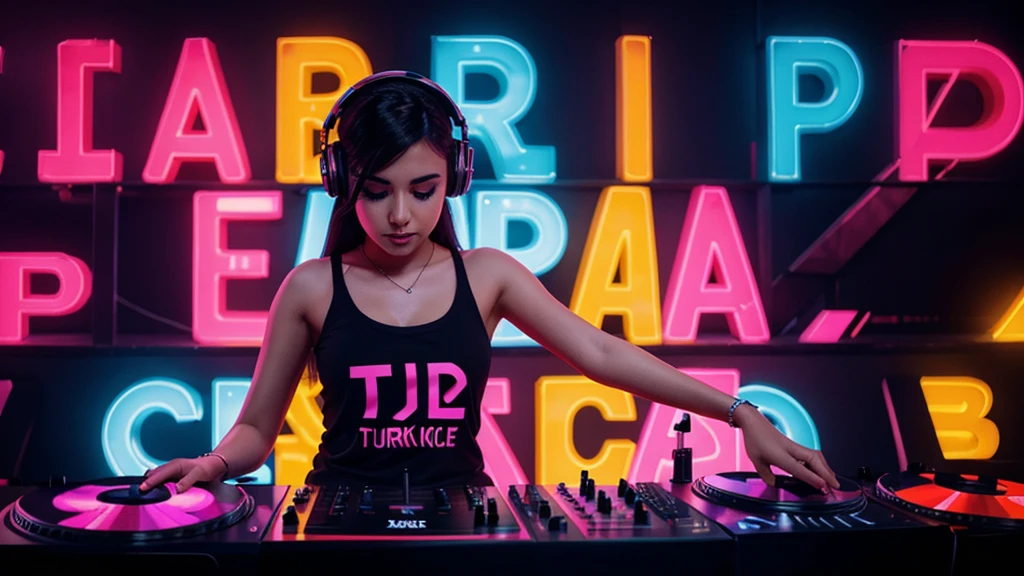 Beautiful young girl playing dj. background font "Türkçe Pop" on top Highlighted bold, "2024" smaller stylized text, "Türkçe Remix" bottom stylized text. vibrant color combination.