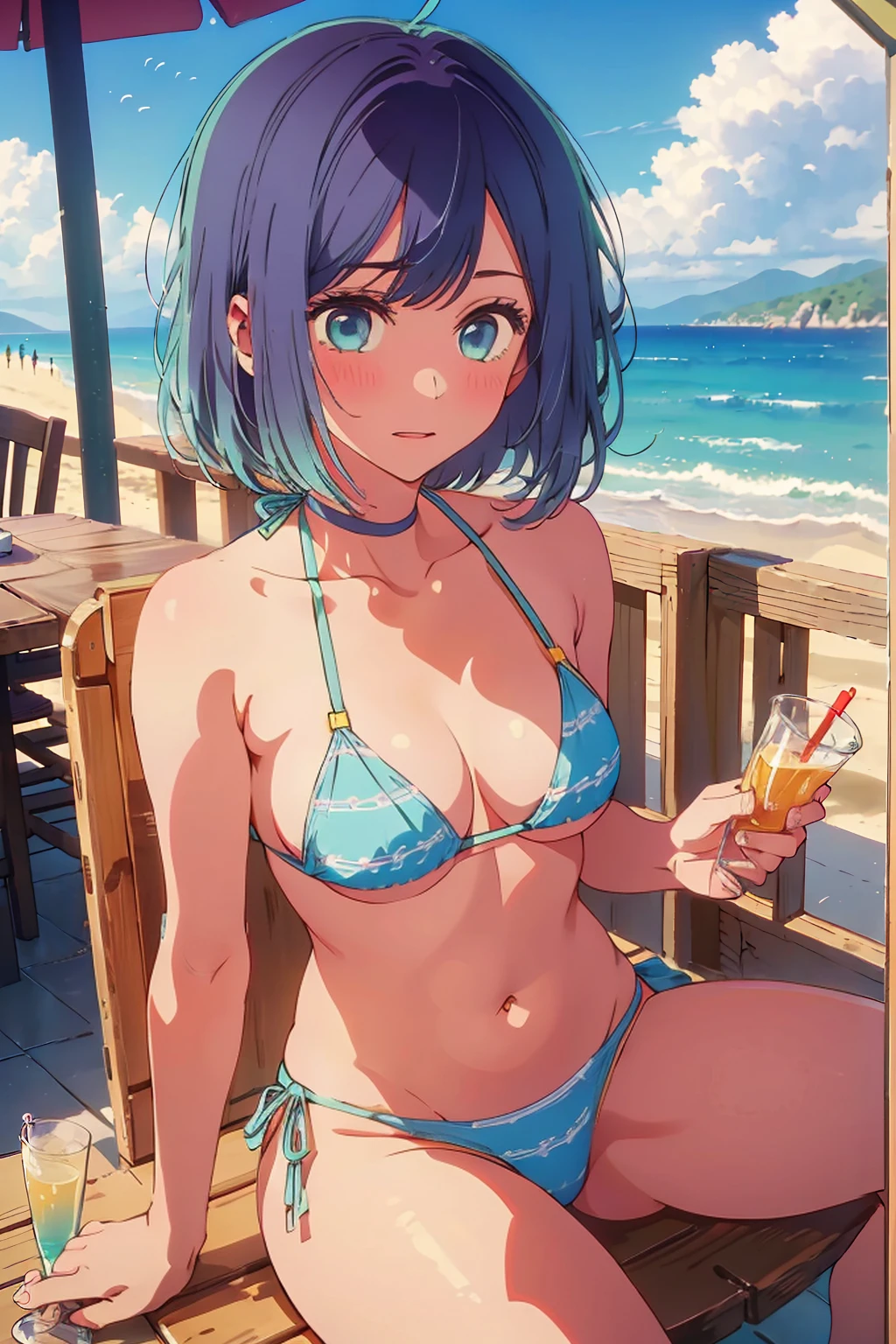 (Highest quality:1.4、masterpiece:1.4、Super detailed:1.4、8K:1.4)、((((1 person、Surprised expression、sit、Cafe Terrace、coastal、juice、table、Sandy Beach、juiceのグラスを持つ、Micro Bikini、Very soft boobs、Big eyes、Very cute face))))、(Areola protrudes from the bikini:1.4)、F cup bust、Medium breast、Underboob、Nipples