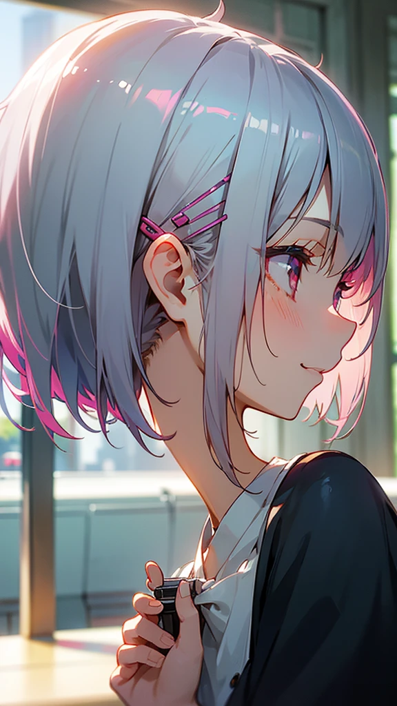 １girl、Short silver bob hair held together with a hair clip, Pink Eyes、I really like it、smile、profile、Face close-up、Morning Cafe Terrace、Background blur, Written boundary depth