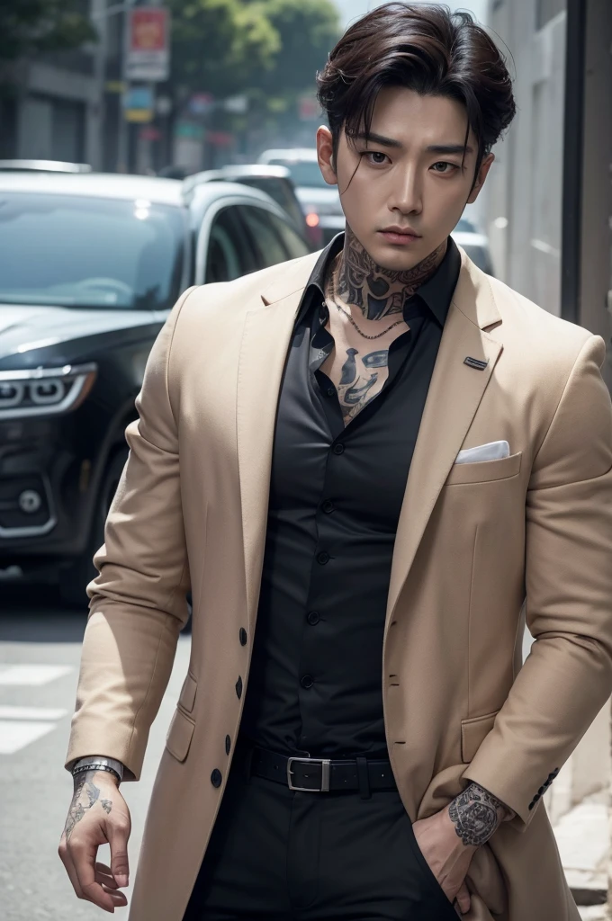 Actor Kim Geon-woo with tattoos,a serious look is mafioso 