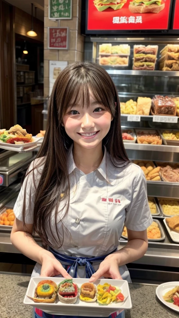 beautiful female fast food worker, smiling while serving ordered food, receiving attention from customers, detailed facial features, cinematic lighting, photorealistic, 8k, hyper detailed, symmetrical composition, warm color tones, natural skin tones, soft focus background, dynamic pose, high fashion apparel, impeccable uniform, confident expression, charming smile, gorgeous eyes, detailed hands, intricate apron design, pristine restaurant setting, gleaming metallic surfaces, realistic reflections, mouthwatering food presentation, immersive atmosphere