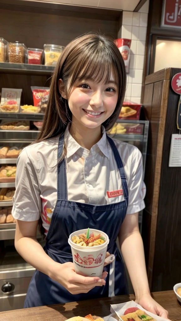 beautiful female fast food worker, smiling while serving ordered food, receiving attention from customers, detailed facial features, cinematic lighting, photorealistic, 8k, hyper detailed, symmetrical composition, warm color tones, natural skin tones, soft focus background, dynamic pose, high fashion apparel, impeccable uniform, confident expression, charming smile, gorgeous eyes, detailed hands, intricate apron design, pristine restaurant setting, gleaming metallic surfaces, realistic reflections, mouthwatering food presentation, immersive atmosphere