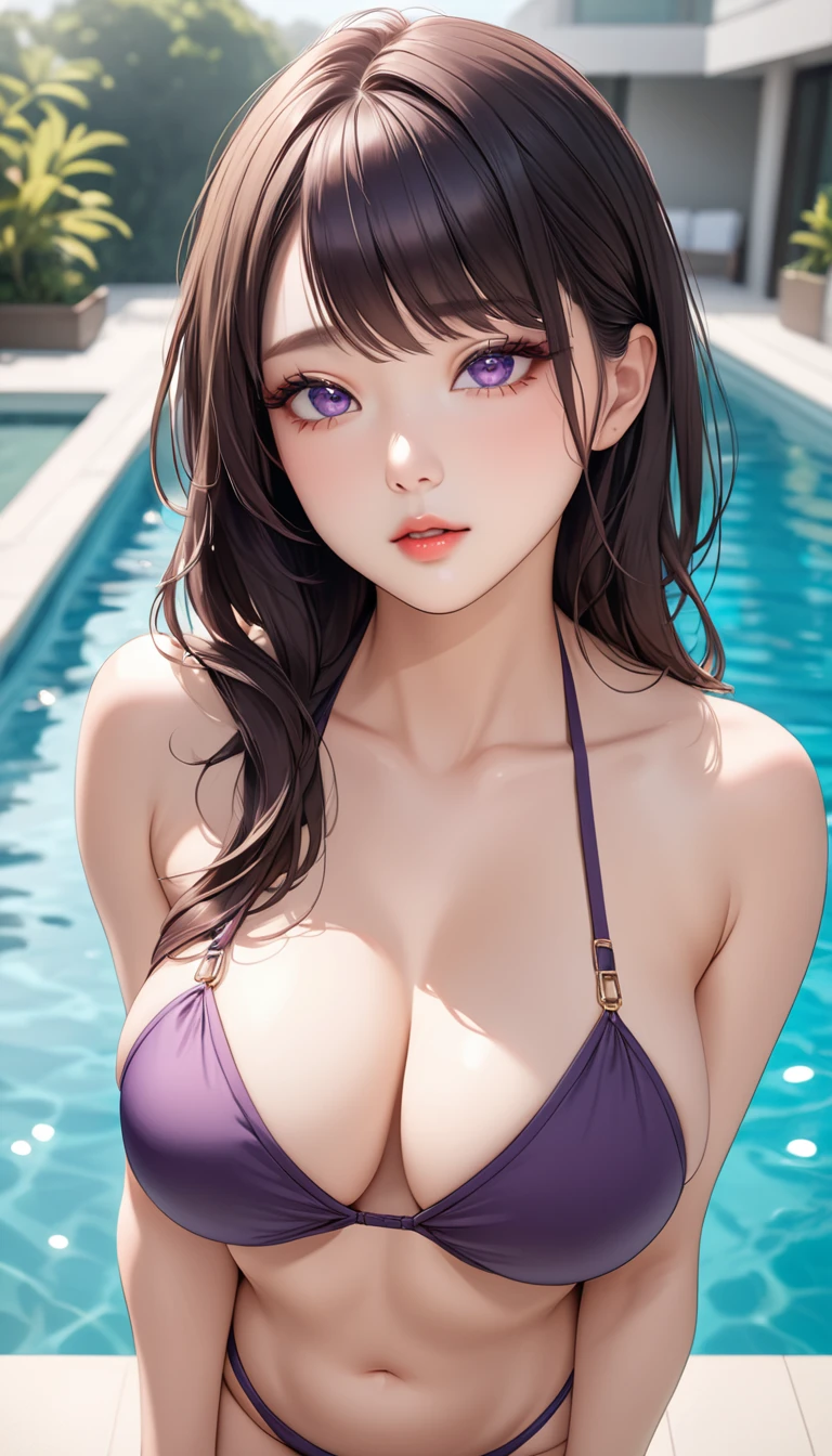 masterpiece, high resolution, beautiful woman, Korean Beauty, 30 years old, purple bikini, beautiful woman, pool, standing and looking at me, (high resolution face), (high resolution eyes)