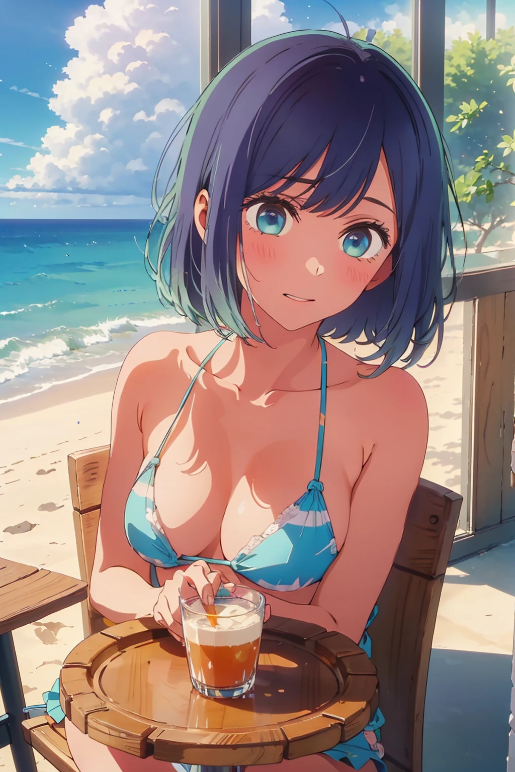(Highest quality:1.4、masterpiece:1.4、Super detailed:1.4、8K:1.4)、((((1 person、Surprised expression、sit、Cafe Terrace、coastal、juice、table、Sandy Beach、juiceのグラスを持つ、Micro Bikini、Very soft boobs、Big eyes、Very cute face))))、(The areola is visible:1.4)、F cup bust、Medium breast、Underboob