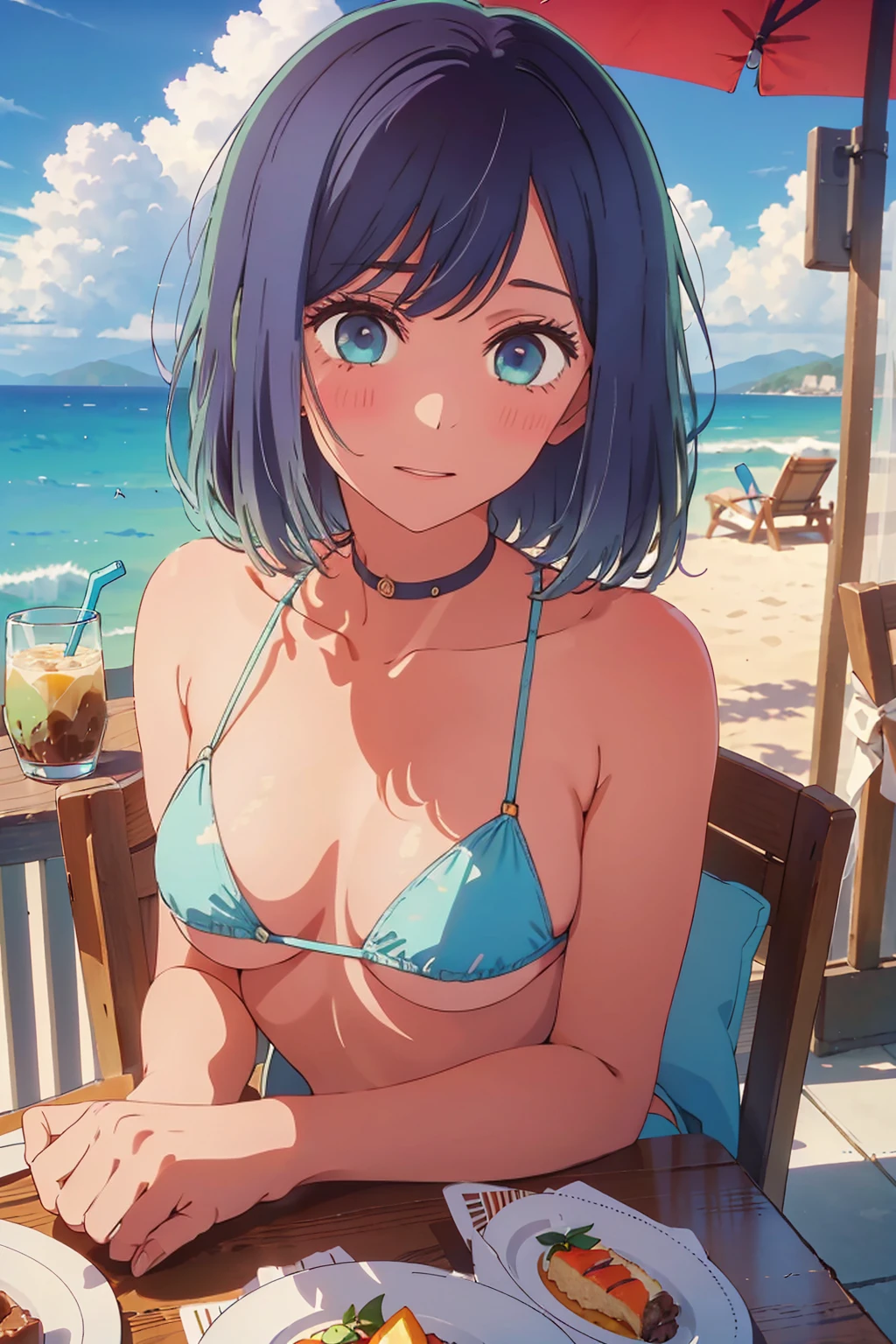 (Highest quality:1.4、masterpiece:1.4、Super detailed:1.4、8K:1.4)、((((1 person、Surprised expression、sit、Cafe Terrace、coastal、juice、table、Sandy Beach、juiceのグラスを持つ、Micro Bikini、Very soft boobs、Big eyes、Very cute face))))、(The areola is visible:1.4)、F cup bust、Medium breast、Underboob