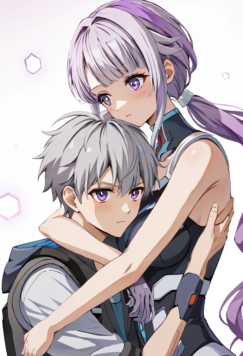 masterpiece, Highest quality, (very detailed CG Unity 8k wallpaper), (Highest quality), (Best illustrations), (Best Shadow)，Cyberpunk Style，score_9_superior，Inji,(boy:1.2）,Princess Hug，purple_hair,purple_eye,very_length_hair,gray_hair,Braiding_ponytail,Big Target_chest,slope_hair，屋根のsuperiorに座る，Looking superior，Wide-angle lens