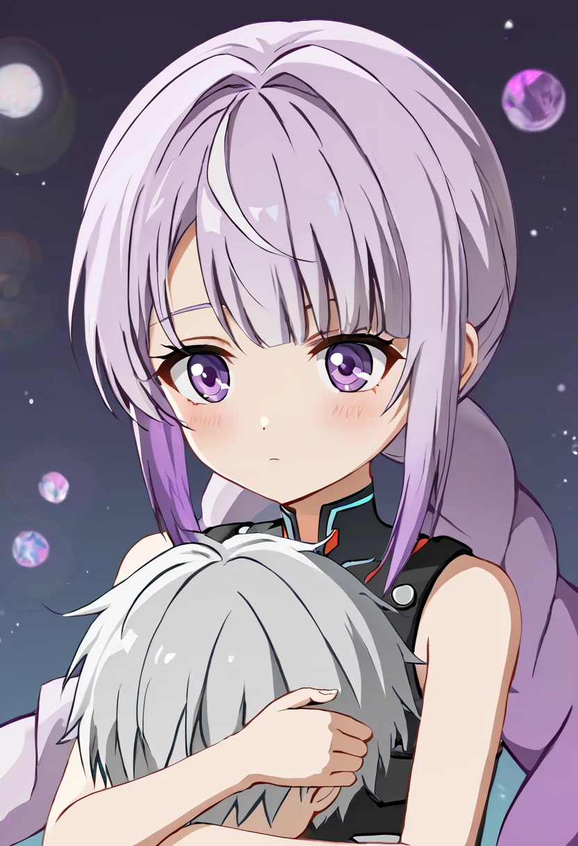 masterpiece, Highest quality, (very detailed CG Unity 8k wallpaper), (Highest quality), (Best illustrations), (Best Shadow),Cyberpunk Style,score_9_superior,Inji,(boy:1.2),Princess Hug,purple_hair,purple_eye,very_length_hair,gray_hair,Braiding_ponytail,Big Target_chest,slope_hair,屋根のsuperiorに座る,Looking superior,Wide-angle lens