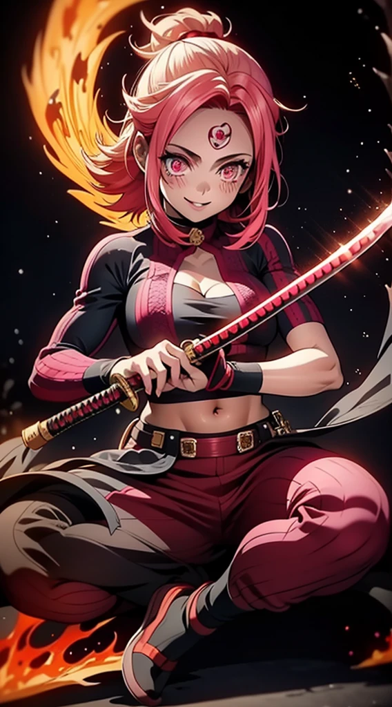 better hands, better fingers, ultra detailed face, perfect smile, five fingers, perfect hands holding a katana, flame blade, pink hair