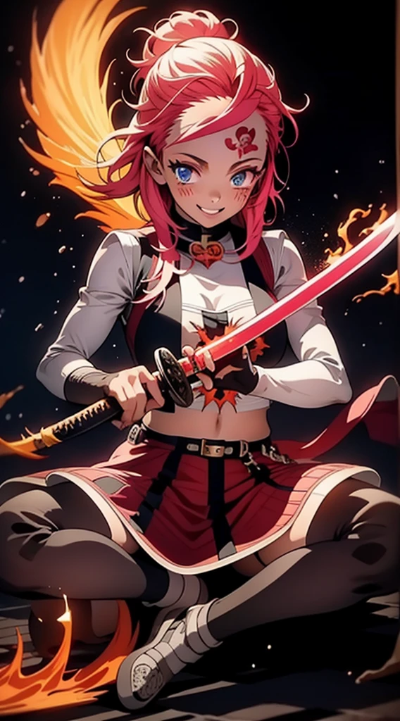 better hands, better fingers, ultra detailed face, perfect smile, five fingers, perfect hands holding a katana, flame blade, pink hair