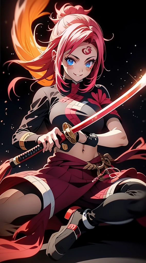 better hands, better fingers, ultra detailed face, perfect smile, five fingers, perfect hands holding a katana, flame blade, pink hair