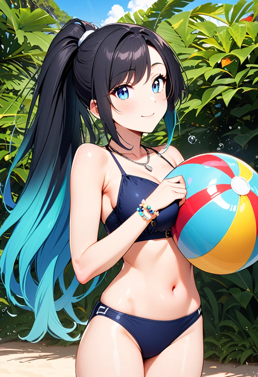 A young woman, 21-years-old, solo, Caucasian, black hair, cyan hair, gradient hair, multicolored hair, ponytail, two-tone hair, blue eyes, cheerful smile, mature face, dark blue bikini top, dark blue bikini bottom, midriff, holding a beachball, beach, thin silver necklace, white bracelet, flat stomach