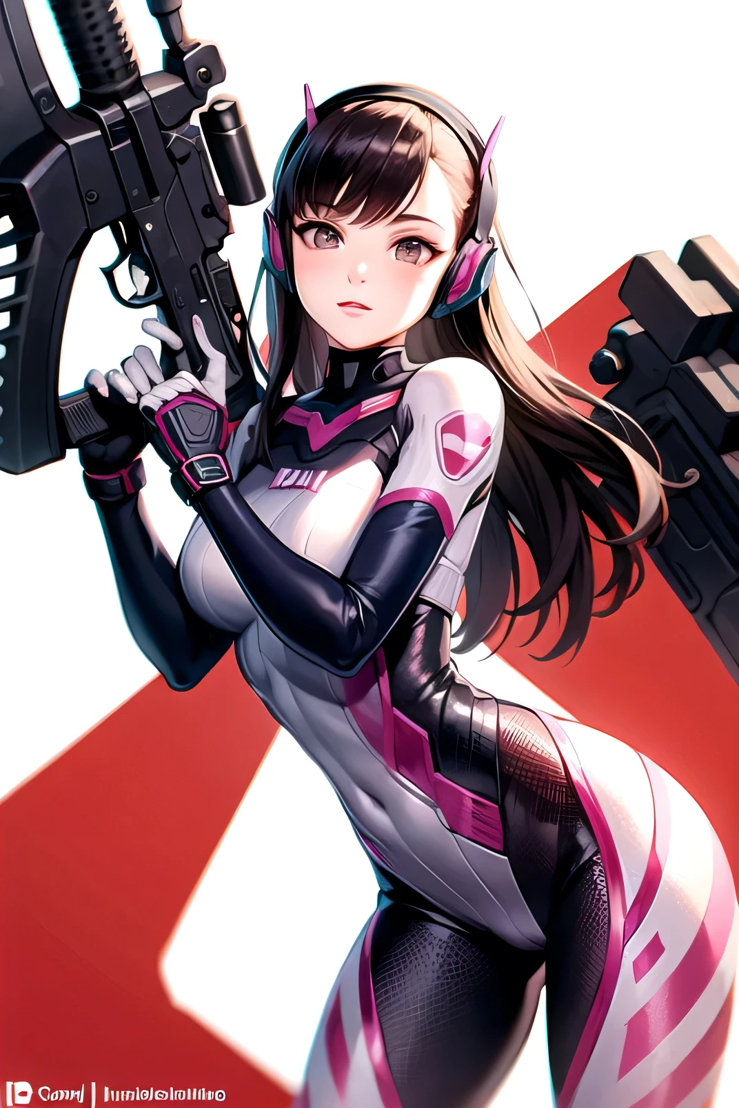 Bodysuit, gun in hand, black hair, bangs, dva