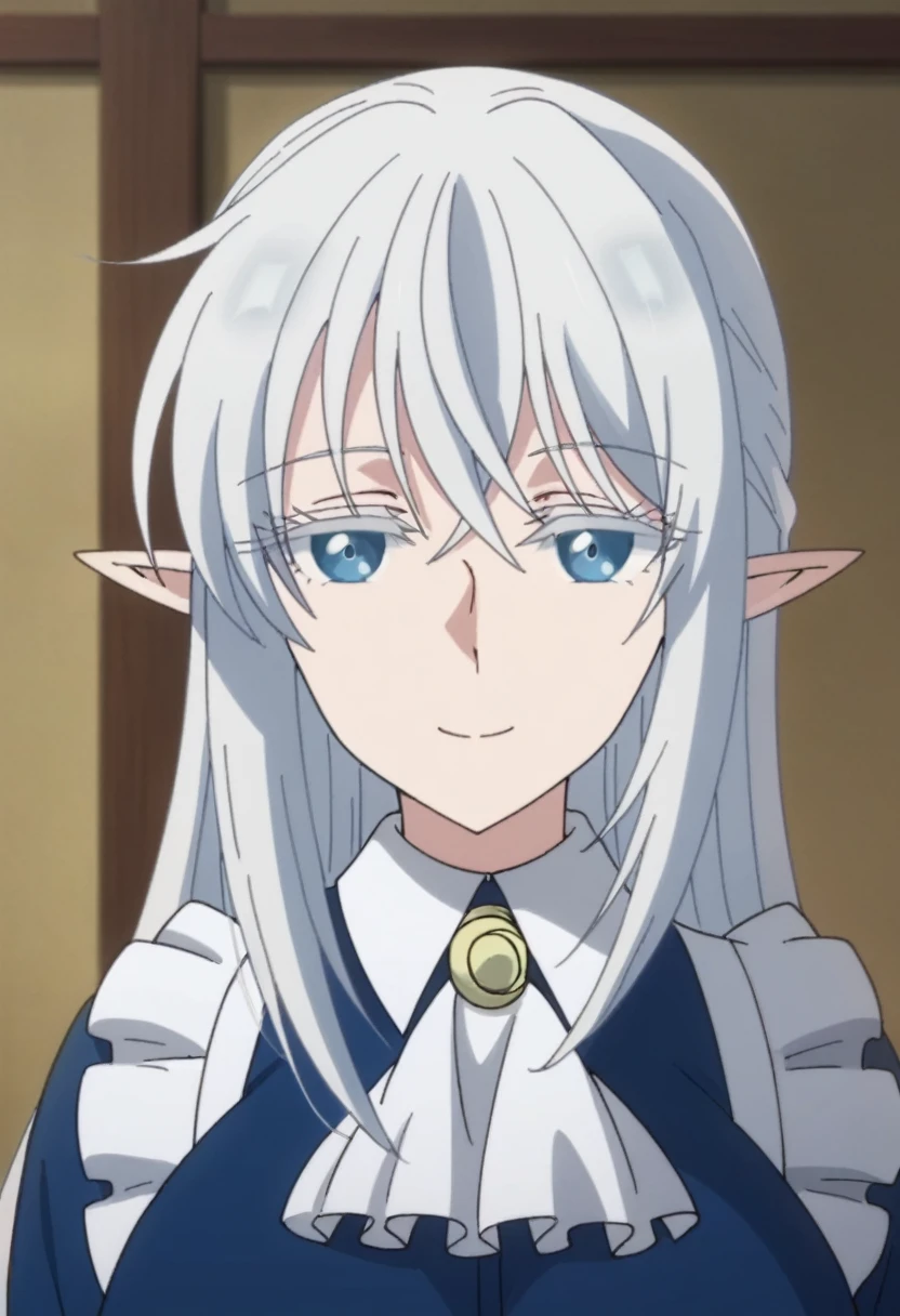 schnee raizer, long hair, 1girl, pointy ears, white hair, elf, solo, hair between eyes, blue eyes, large breasts , maid, blue dress, long sleeves, white apron, maid apron, white ascot, brooch, smile, looking at viewer, upper body, score_9, score_8_up, score_7_up, , anime coloring ,BREAK source_anime, anime