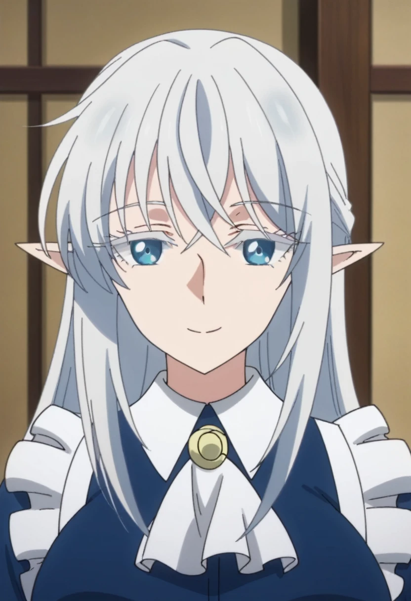 schnee raizer, long hair, 1girl, pointy ears, white hair, elf, solo, hair between eyes, blue eyes, large breasts        , maid, blue dress, long sleeves, white apron, maid apron, white ascot,  brooch, smile, looking at viewer, upper body, score_9, score_8_up, score_7_up, , anime coloring ,BREAK source_anime, anime