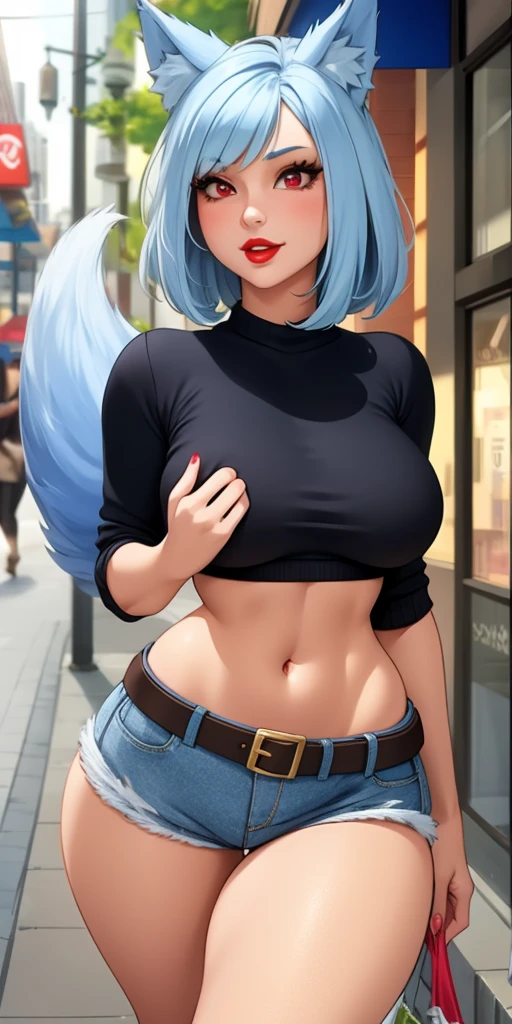 Medium breasts, 1girl, ((Light blue hair)) ((wolf girl)) Light red eyes, has an beautiful sensual body, with full breasts and thin waist, and an sensual body, HIP HOP Black sweater blouse, cute denim shorts with belt, has a bold appearance. young, quality, realistic, best quality, cute expression, red lipstick lips, Beautiful smile of a girl in love, leaning, On the street walking, shops next door