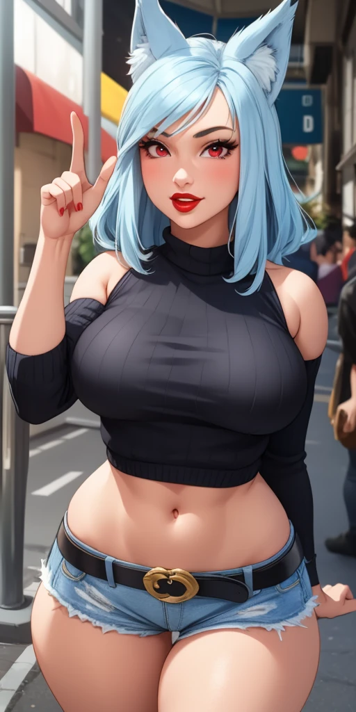 Medium breasts, 1girl, ((Light blue hair)) ((wolf girl)) Light red eyes, has an beautiful sensual body, with full breasts and thin waist, and an sensual body, HIP HOP Black sweater blouse, cute denim shorts with belt, has a bold appearance. young, quality, realistic, best quality, cute expression, red lipstick lips, Beautiful smile of a girl in love, leaning, On the street walking, shops next door