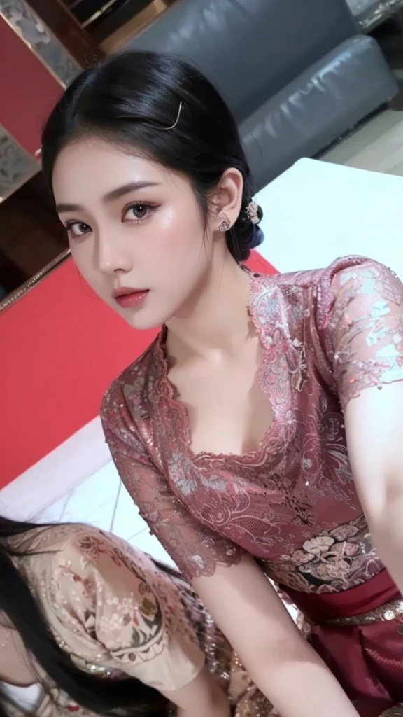Highly detailed, high resolution, (realistic, realistic: 1.4), 8k, (best quality), physically based rendering, photorealistic photos, professional color grading, highest quality, wearing red kebaya, black hair, full body, beautiful face, slim body, body sexy, 24 year old female model, medium breasts, faint smile,