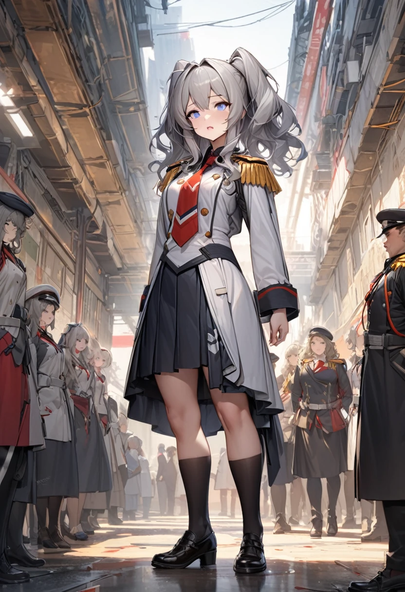 One young beautiful woman,(Highest quality,Extremely detailed depiction,Incredibly absurd high resolution,Anatomically accurate depiction), solo focus, (full body shot:1.1), (kashima /(kancolle/):1.2),Black pleated skirt,Black knee-high socks,Blue Eyes,Loosely wavy silver hair,Medium Hair,Black Beret,Outfitting,Twin tails,White formal uniform with epaulettes,Light pink lipstick,Part your lips,Stand on your side,Squint your eyes and laugh