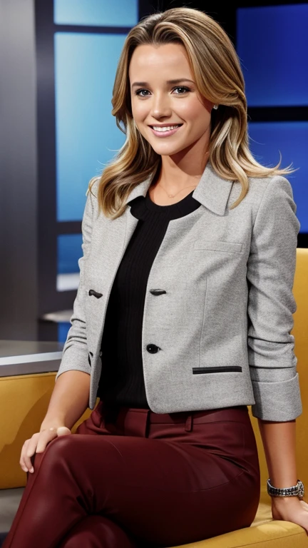 Shantel VanSanten dressed in TV presenter clothes and smiling