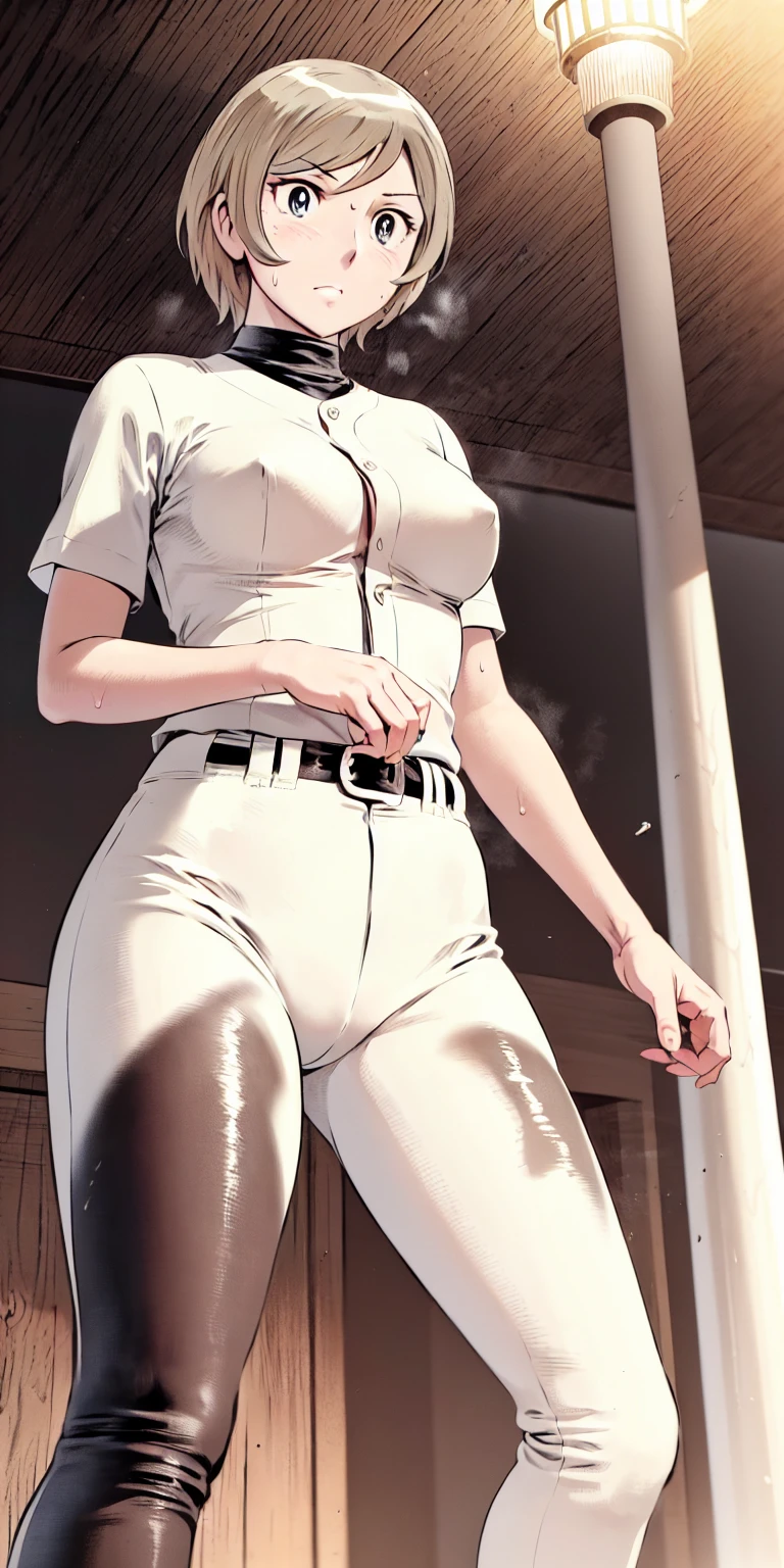 (野球uniform:1.2),
blonde, (short hair:1.2),Long sleeve, Black Shirt, turtleneck,White trousers、uniform、Black belt、((Illustration of a person))、big 、Muddy、Soil stains、ドロドロのuniform、
View your audience,, (Highest quality:1.3),One Girl, White pants、uniform、Outdoor、baseball ground、ground、soil、blue eyes、Tight black shirt、(masterpiece、Highest quality)、Highest quality, Ultra-high resolution, (((masterpiece))), alone, Sweat、big eyes、big Breasts、Torn clothes、 Fully exposed、Nipples、One Girl, Front view、Embarrassed face、Bronze colored hair、((short hair))、Stand up straight、Cowboy Shot