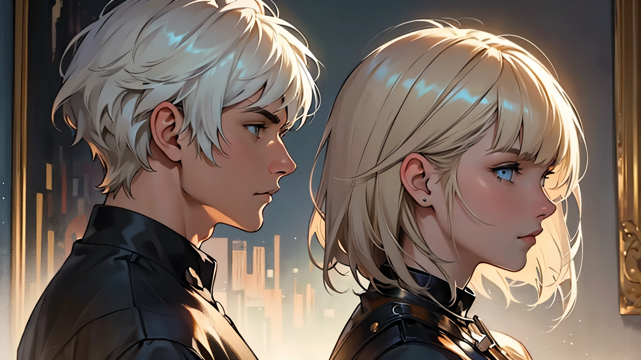 ((best quality)), ((work of art)), ((detailed)), young man with short white hair, in profile, staring at woman with long brown hair and bangs, staring back