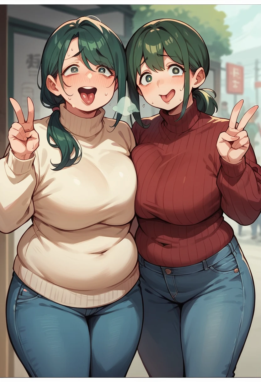 Anime Screenshot, chubby, 2 girls, milf, shy, pudgy face, large round eyes, dark green hair, ponytail, sweater, peace signs, sticking tongue out of mouth, sweating, nervous smile, slightly open mouth, huffing breath, wearing jeans