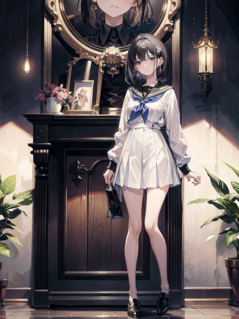 absurdres, RAW photo, extremely delicate and beautiful, masterpiece, Best Quality, ultra high resolution, 32k, hyperrealistic, ultra-detailed, perfect figure, in her 20s, very small head, very small face, delicate facial features, tearful mole, earring, very huge breasts, full body shot, medium hair, black hair, school_uniform, short skirt,