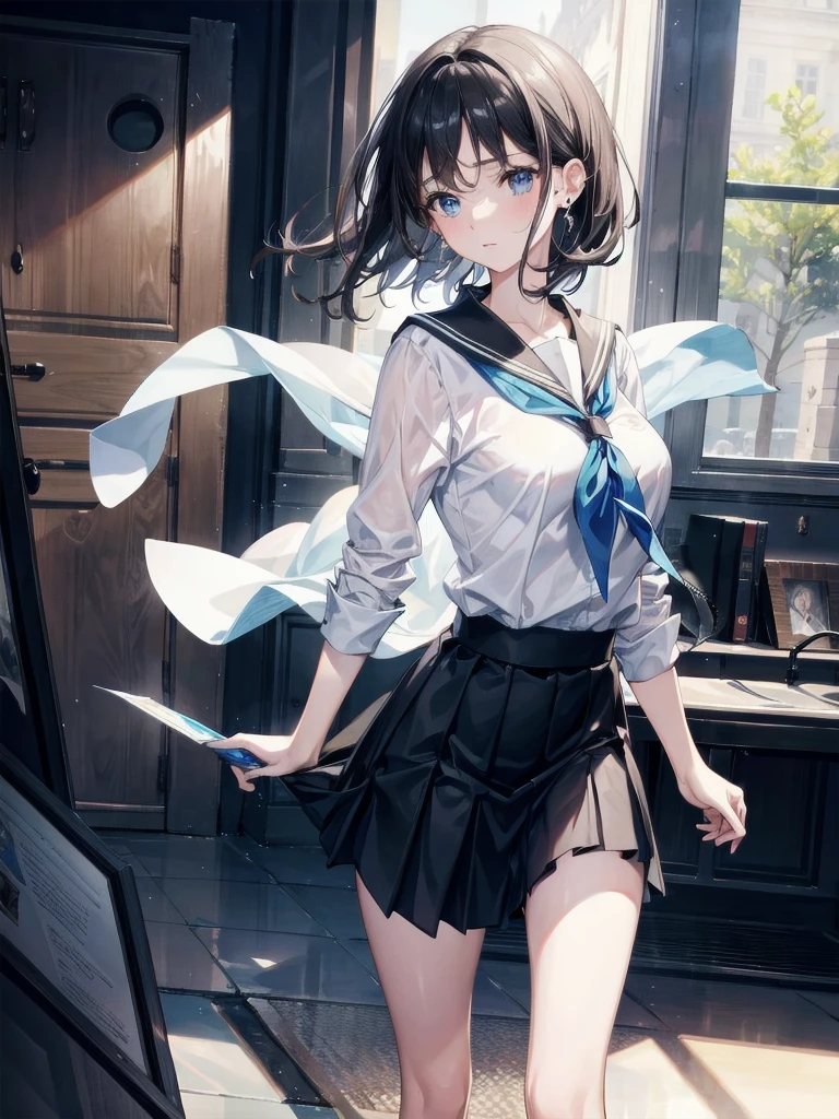 absurdres, RAW photo, extremely delicate and beautiful, masterpiece, Best Quality, ultra high resolution, 32k, hyperrealistic, ultra-detailed, perfect figure, in her 20s, very small head, very small face, delicate facial features, tearful mole, earring, very huge breasts, full body shot, medium hair, black hair, school_uniform, short skirt,