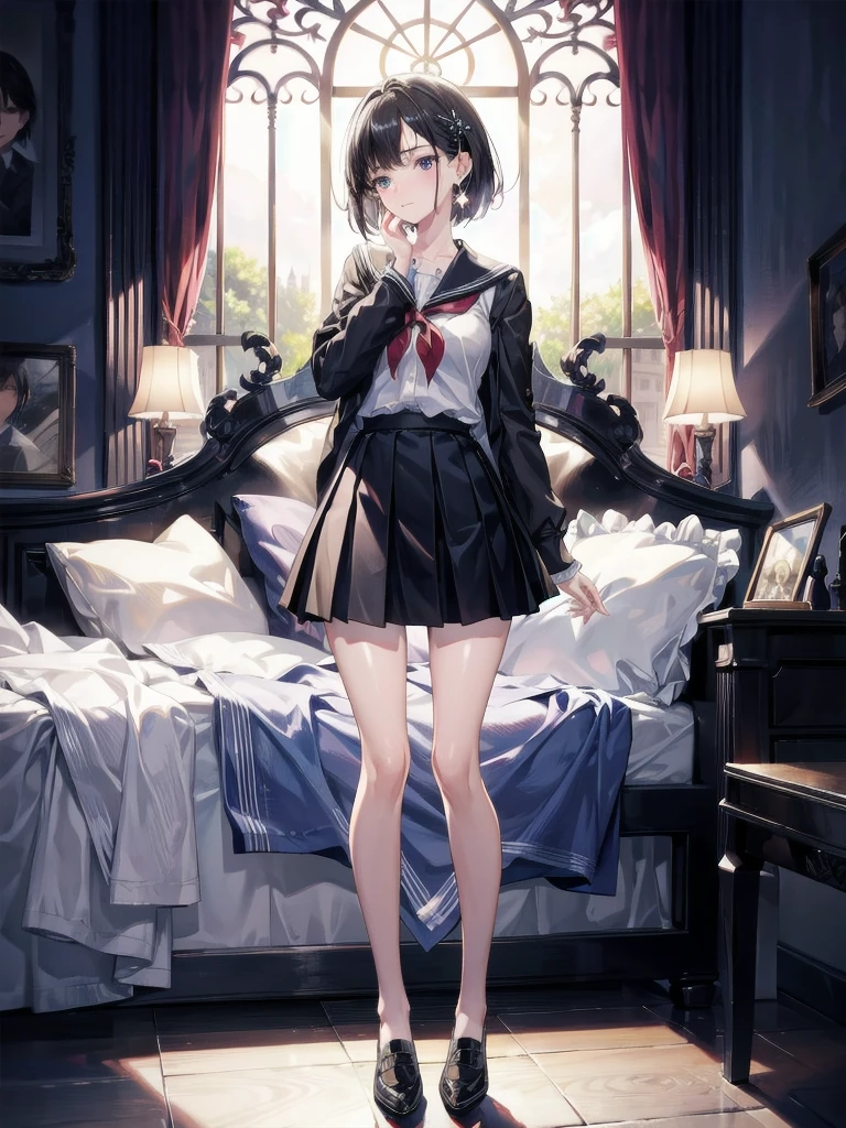 absurdres, RAW photo, extremely delicate and beautiful, masterpiece, Best Quality, ultra high resolution, 32k, hyperrealistic, ultra-detailed, perfect figure, in her 20s, delicate facial features, tearful mole, earring, medium breasts, full body shot, medium hair, asymmetrical hair, bare foots, school_uniform, short skirt,