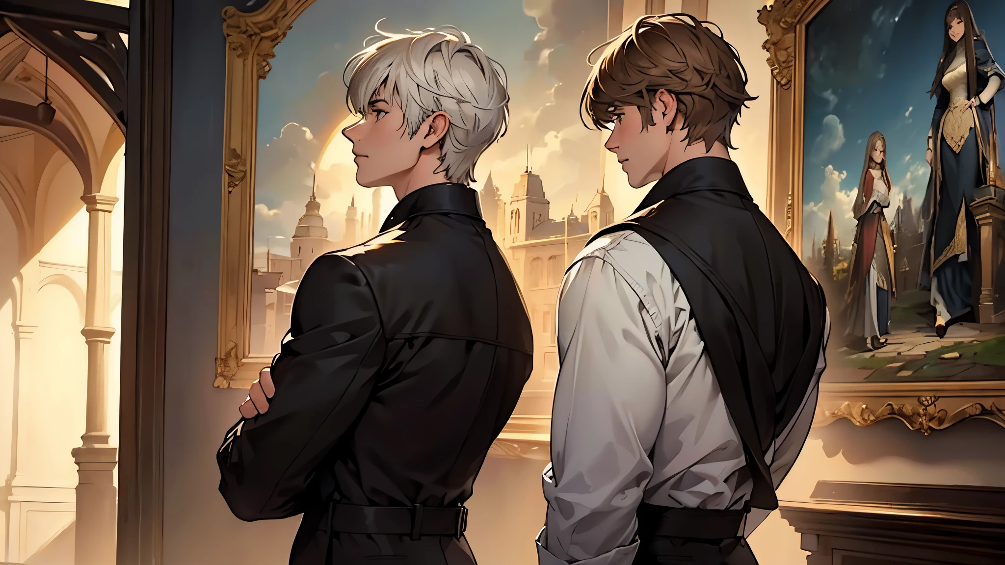 ((best quality)), ((work of art)), ((detailed)), young man with short white hair, in profile, staring at woman with long brown hair and bangs, staring back
