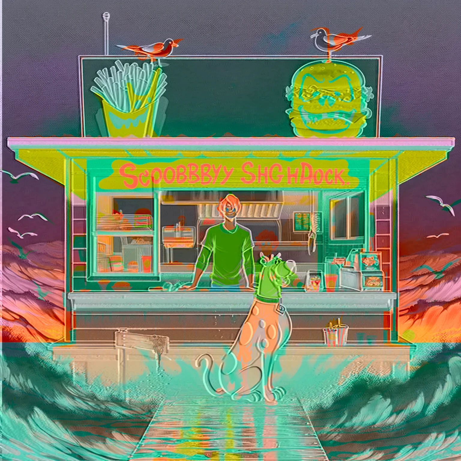 no light source, overwhelming darkness, maximal abyss, Sunset, dim glow, neon, dazzling, warm dark rich coloring, Scooby Doo distinct to original cartoon, ocean front fast food shack, operated by Scooby Doo and Shaggy, waves, sea breeze, seagulls, The scene is minimal, serene, perfect, strange, candid, cinematic, surreal, and timeless. The hamburger grill is lost in space, standing against a blank canvas. The style is a mix of realism and cartoon, with 90s comic aesthetics, expressive ink work, cinematic compositions, and nuanced details. The style is reminiscent of Joelle Jones and 90's scooby doo animated tv show, shaggy wearing tropical green sweater, scooby doo distinct art style,