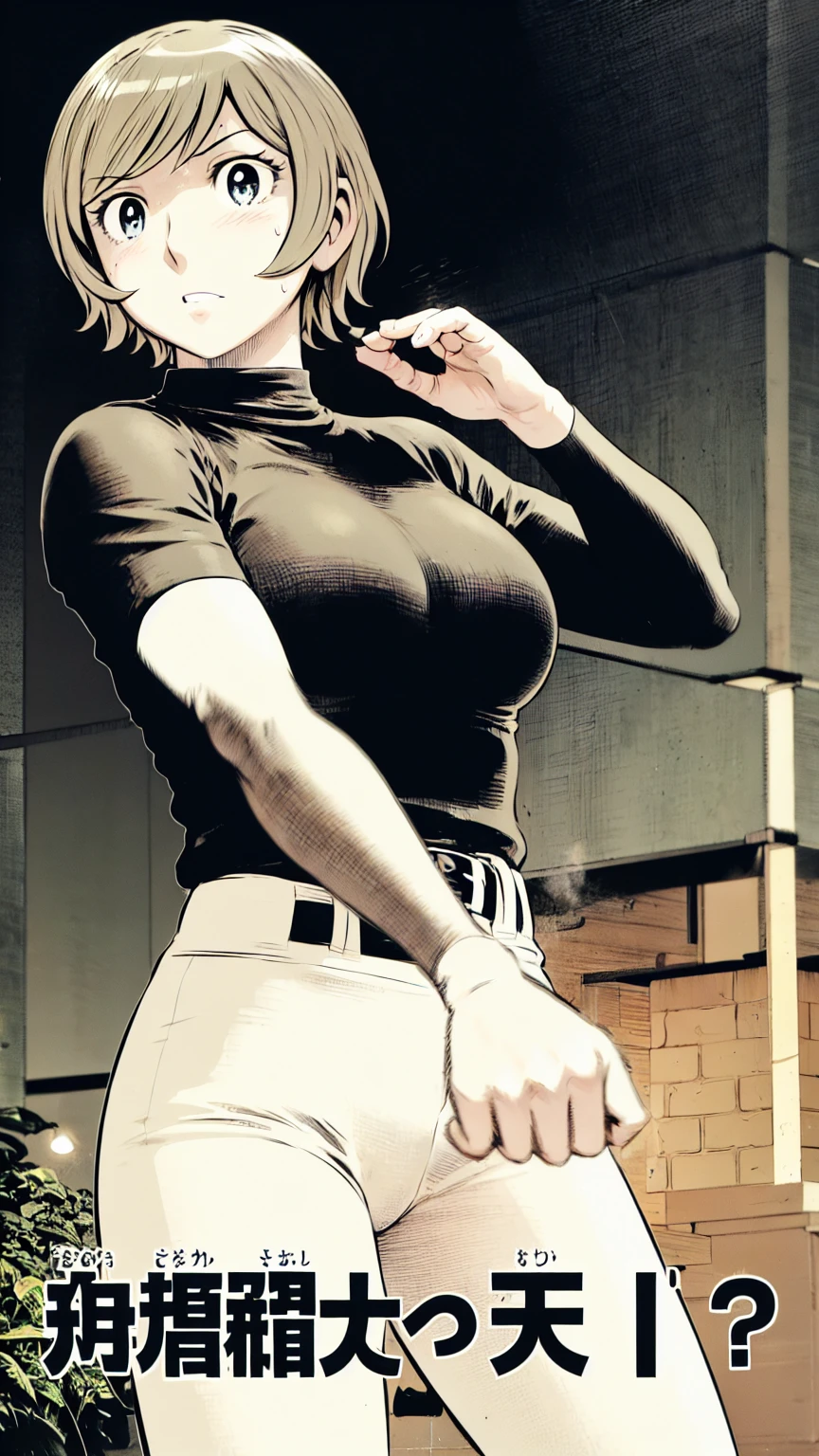 (野球uniform:1.2),
blonde, (short hair:1.2),Long sleeve, Black Shirt, turtleneck,White trousers、uniform、Black belt、((Illustration of a person))、big 、Muddy、Soil stains、ドロドロのuniform、
View your audience,, (Highest quality:1.3),One Girl, White pants、uniform、Outdoor、baseball ground、ground、soil、blue eyes、Tight black shirt、(masterpiece、Highest quality)、Highest quality, Ultra-high resolution, (((masterpiece))), alone, Sweat、big eyes、big Breasts、Torn clothes、 Fully exposed、Nipples、One Girl, Front view、Embarrassed face、Bronze colored hair、((short hair))、Stand up straight、Cowboy Shot