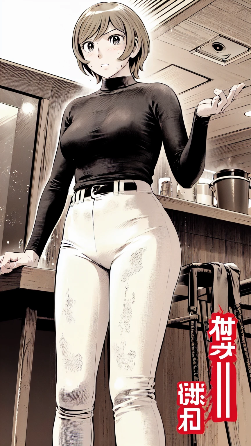 (野球uniform:1.2),
blonde, (short hair:1.2),Long sleeve, Black Shirt, turtleneck,White trousers、uniform、Black belt、((Illustration of a person))、big 、Muddy、Soil stains、ドロドロのuniform、
View your audience,, (Highest quality:1.3),One Girl, White pants、uniform、Outdoor、baseball ground、ground、soil、blue eyes、Tight black shirt、(masterpiece、Highest quality)、Highest quality, Ultra-high resolution, (((masterpiece))), alone, Sweat、big eyes、big Breasts、Torn clothes、 Fully exposed、Nipples、One Girl, Front view、Embarrassed face、Bronze colored hair、((short hair))、Stand up straight、Cowboy Shot