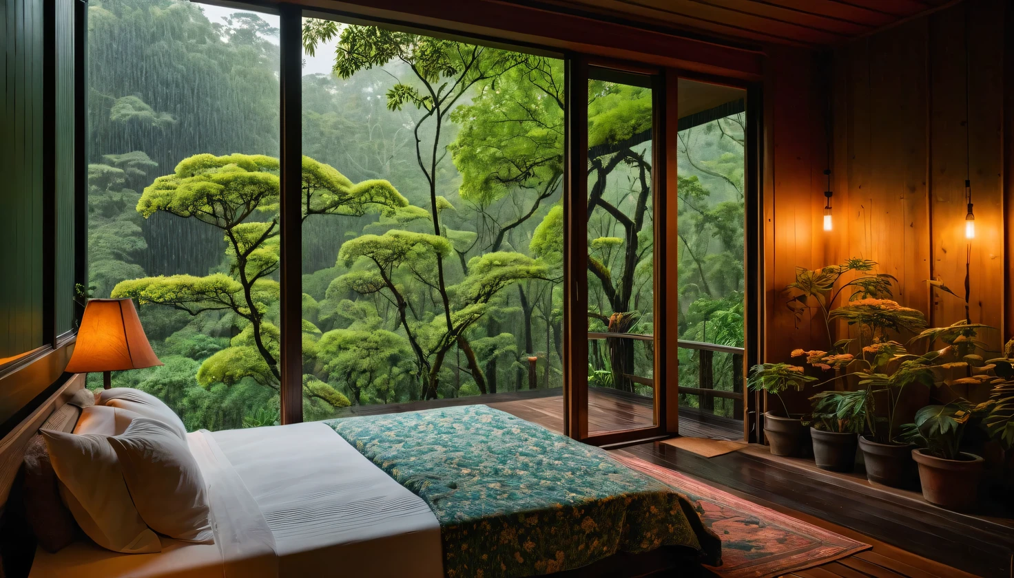 The image shows a cozy bedroom with large windows offering views of rain-soaked forests AND FLOWERS. CINEMATIC, JAPANESE HOUSE, the shape of a Japanese house, and lots of flower gardens in the garden. The bed has not been made with crumpled sheets, indicating it has only been used. looks dim, gloomy. Beside the bed there is a small table with a classic lamp burning, emitting warm light into the room. Outside the window, lush greenery can be seen on the terrace or balcony area, with rain visible falling, creating a calm and peaceful atmosphere. The contrast between the warmth indoors and the rain outdoors creates an inviting and calming atmosphere