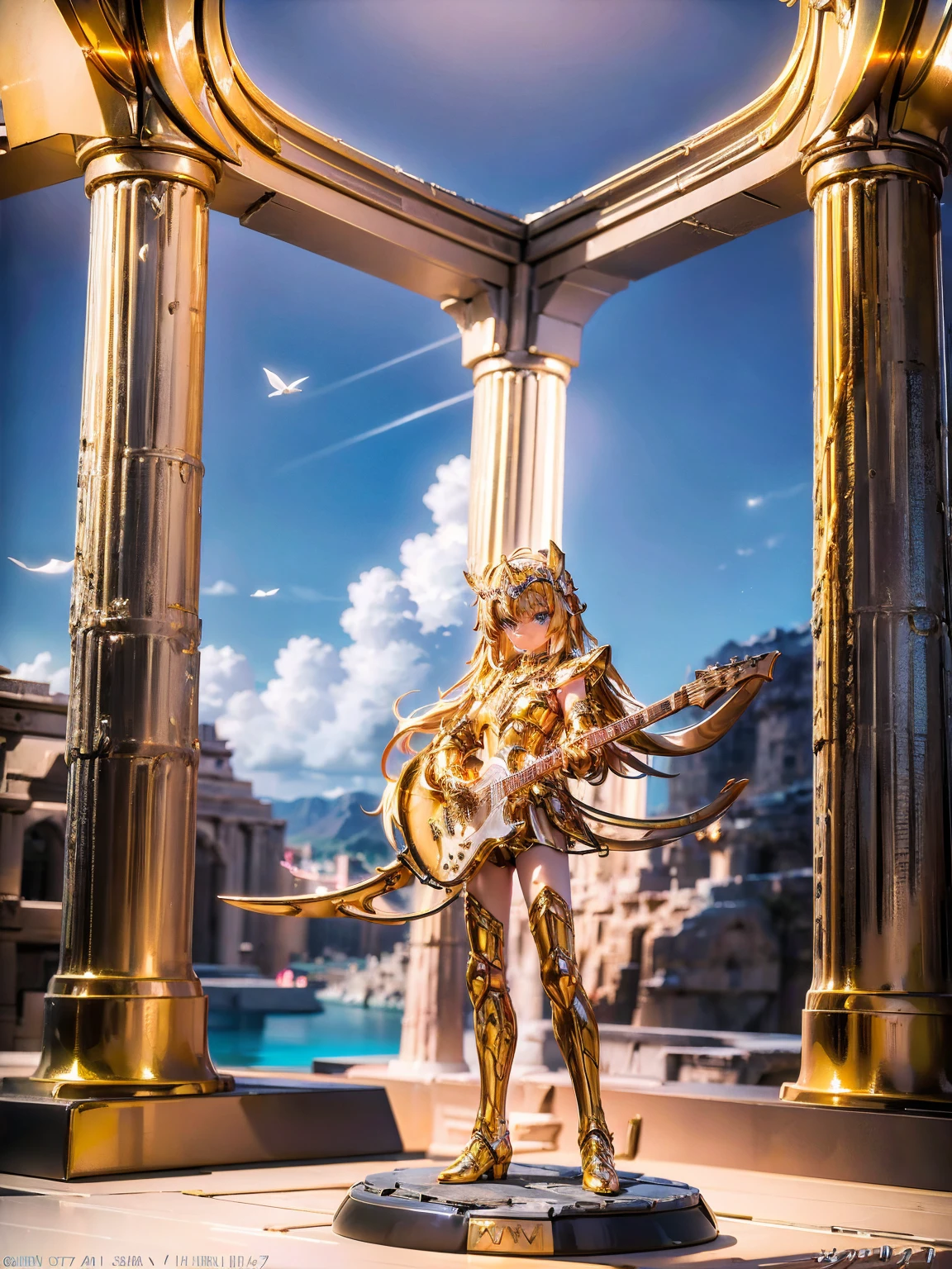 masterpiece, Highest quality, Very detailed, 16K, Ultra-high resolution, Cowboy Shot, Detailed face, Perfect Fingers, 1 female, 14 years old, Greece, In front of the Parthenon, Sagittarius Armor, armor, golden armor, wing, Helmet, long metal wing, long golden wing