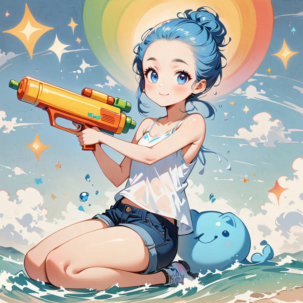 Light blue short hair、Camisole、Wearing short jeans pants、Forehead exposed and bun hairstyle、Paint a rainbow on a blue sky background、Play with a water gun、Cartoon style character design,interesting,interesting,Clean Lines