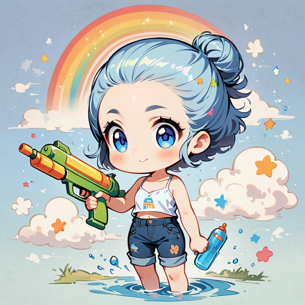 Light blue short hair、Camisole、Wearing short jeans pants、Forehead exposed and bun hairstyle、Paint a rainbow on a blue sky background、Play with a water gun、Cartoon style character design,interesting,interesting,Clean Lines