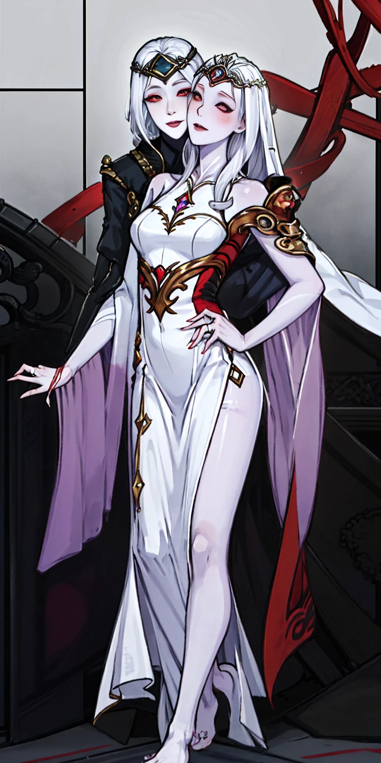 Body position: Standing, straight, symmetrical, barefoot, Lustful smile on face with red blush, 2 girls like Cassia Orsellio white pale skin with red eyes who gets married and stands in front of many people, nsfw, kissing