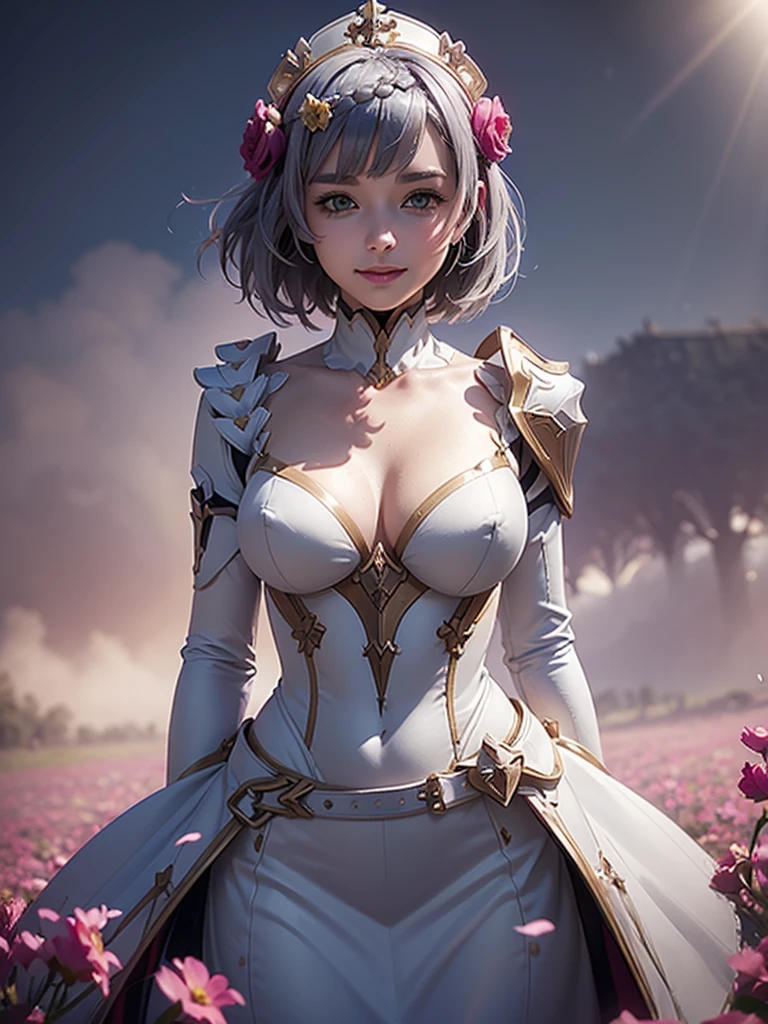 [noelledef]:1.5,((masterpiece,highest quality,Detailed images,Beautiful images))1.4(noelle images、smile、Bob Hair、church、Flower Field、The wind is blowing、Bright lighting overall、Backlight、A fantastic atmosphere、Thick Fog)1.1(Beautiful body lines、small beauty breasts、Beautiful cleavage)
