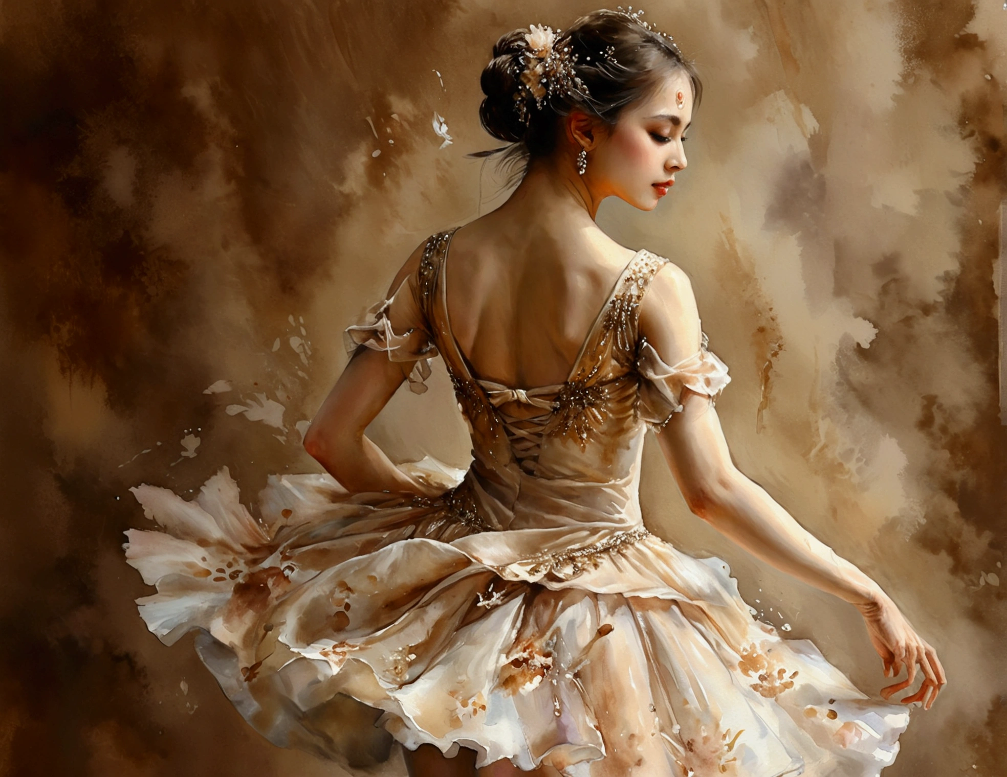((一幅Watercolor)),Mature,Beautiful classical dancer, Ballet pose, High quality wallpapers, Brown, Beige background,High quality watercolor wallpaper, Watercolor, Striking pose, woman, 30 years old, Portrait,8K