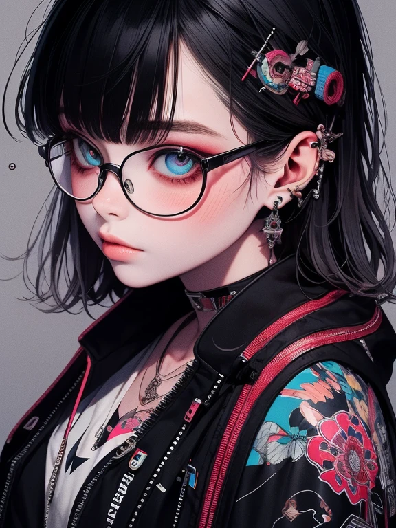 high quality, Best illustrations, Super detailed,girl, Cool open short jacket, Tattoo, Big Breasts, Abandoned amusement park background,Eyeshadow on eyes,Unusual eye color,Glasses