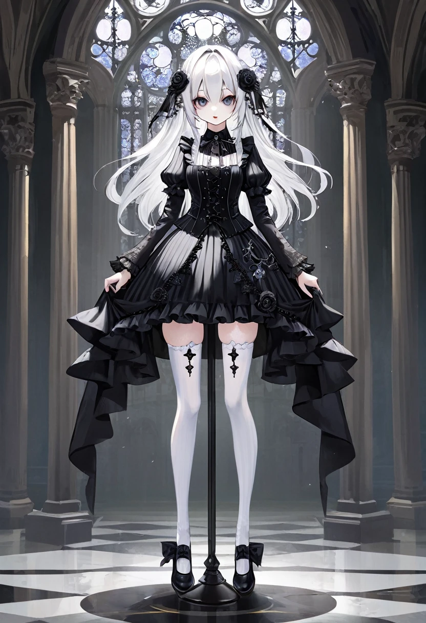 masterpiece, top-quality, ​masterpiece, top-quality,ighly detailed,{top-quality}, {{​masterpiece}}, {hight resolution},original, {extremely delicate and beautiful},​masterpiece, top-quality,ighly detailed,{top-quality},white hair, gothic lolita, full body, standing, white thighhighs,