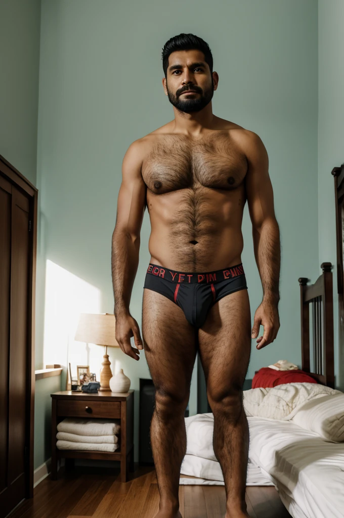 Guatemalan man, aggressively standing in front if a bed, wearing boxer briefs, hairy, 30yearsold